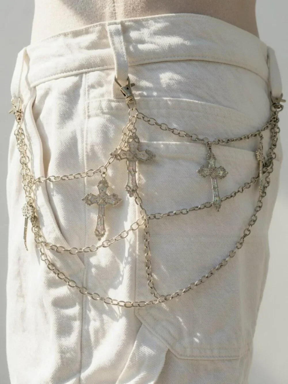 Y2k 2000s style Silver chain belt with cross charms